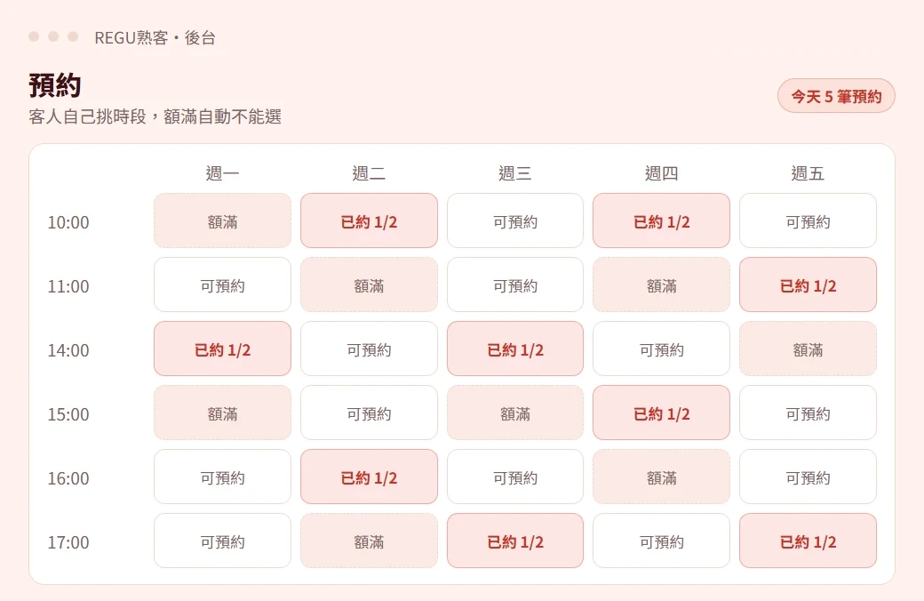 REGU熟客後台示意畫面：預約