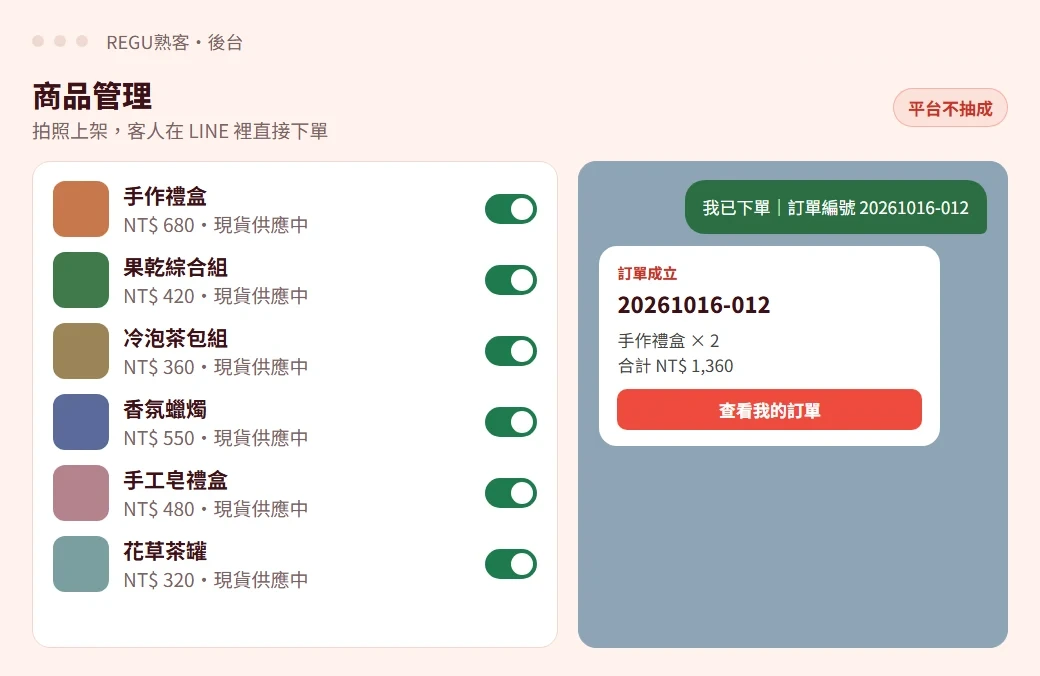 REGU熟客後台示意畫面:商品管理